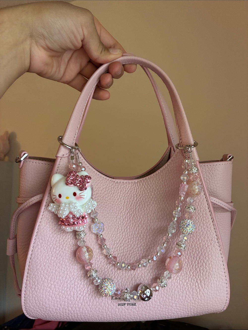 Hand Crafted Pink Pearl Hello Kitty Angel White and Pink Beaded Charm Keychain